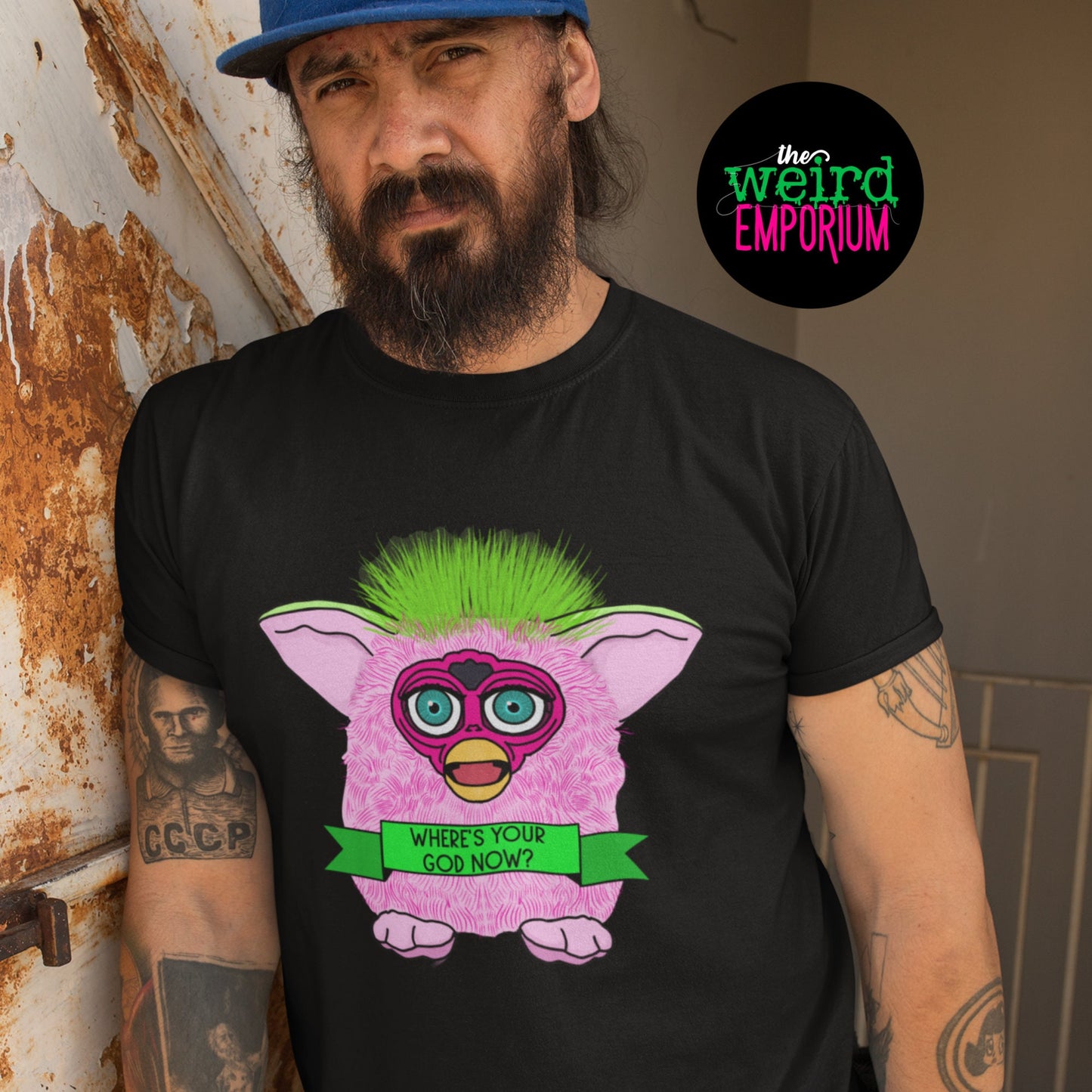 Furby Tee/ Where's your God Now / Furby Shirt / Godless Tee/ Furbies Tee/ Weird Tee/ the weird emporium